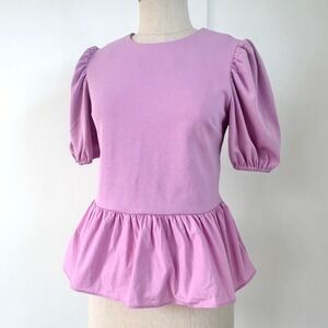 English Factory Pink Lavender Puff Sleeve Peplum Mixed Media Bubble Top XS
